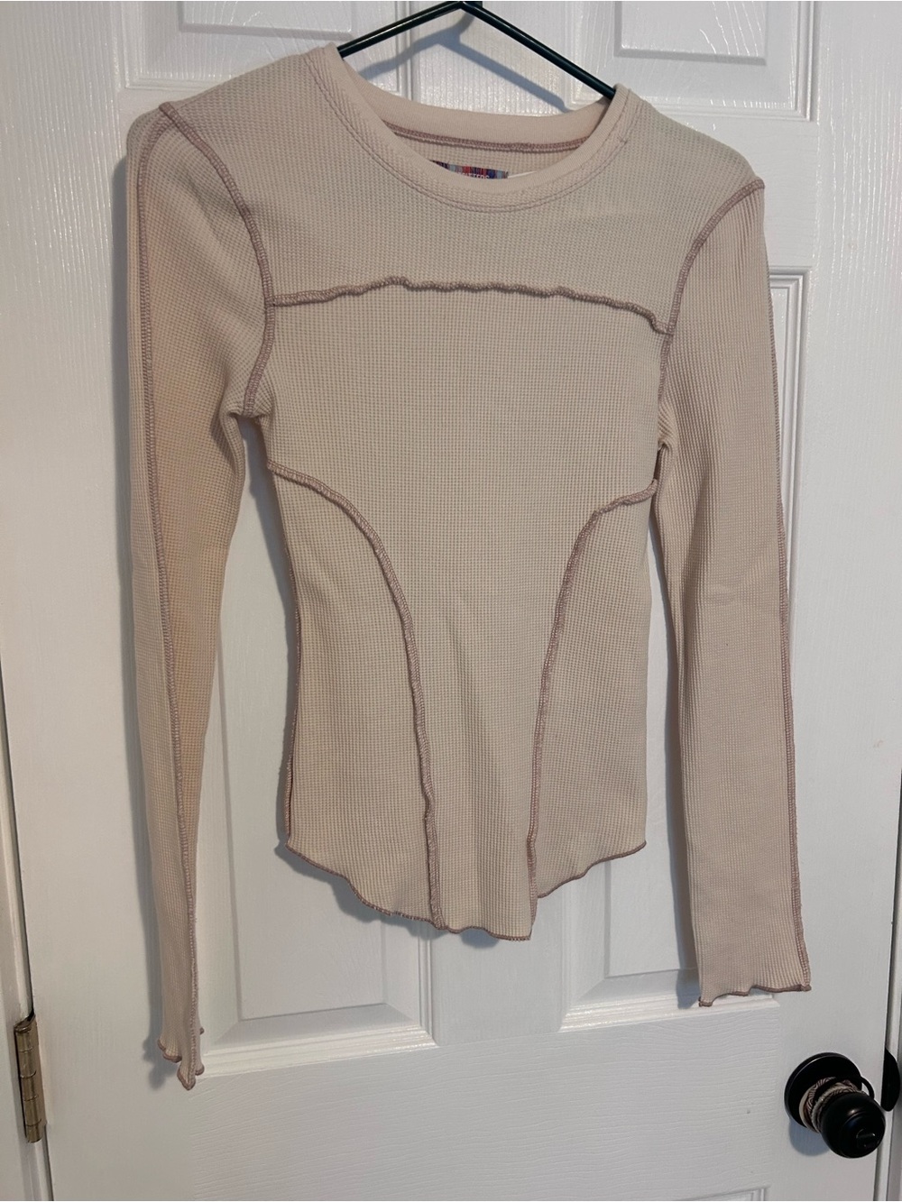 Long Sleeve Thermal Seam-Detail Top in Cream